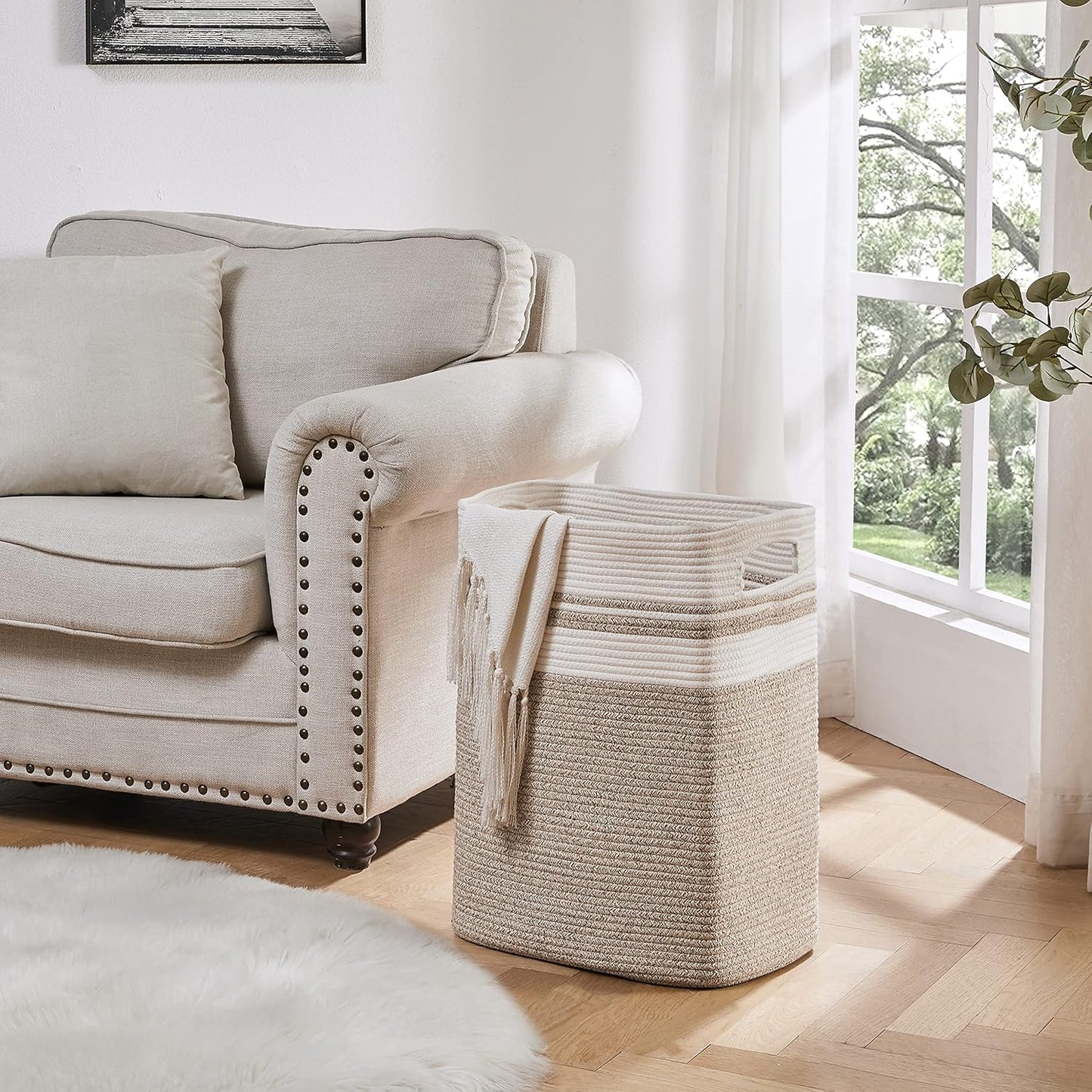 Tall Cotton Laundry Hamper with Handles Yellow Variegated (16x13x22 in)