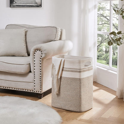 Tall Cotton Laundry Hamper with Handles Yellow Variegated (16x13x22 in)