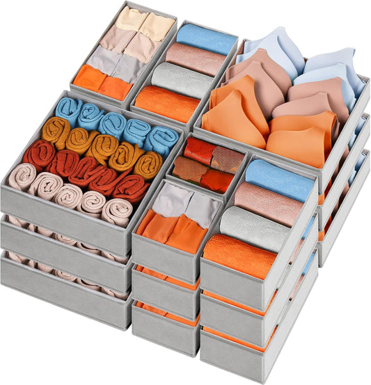 Fabric Drawer Organizers 15 Pack Foldable Storage Bins (Grey)