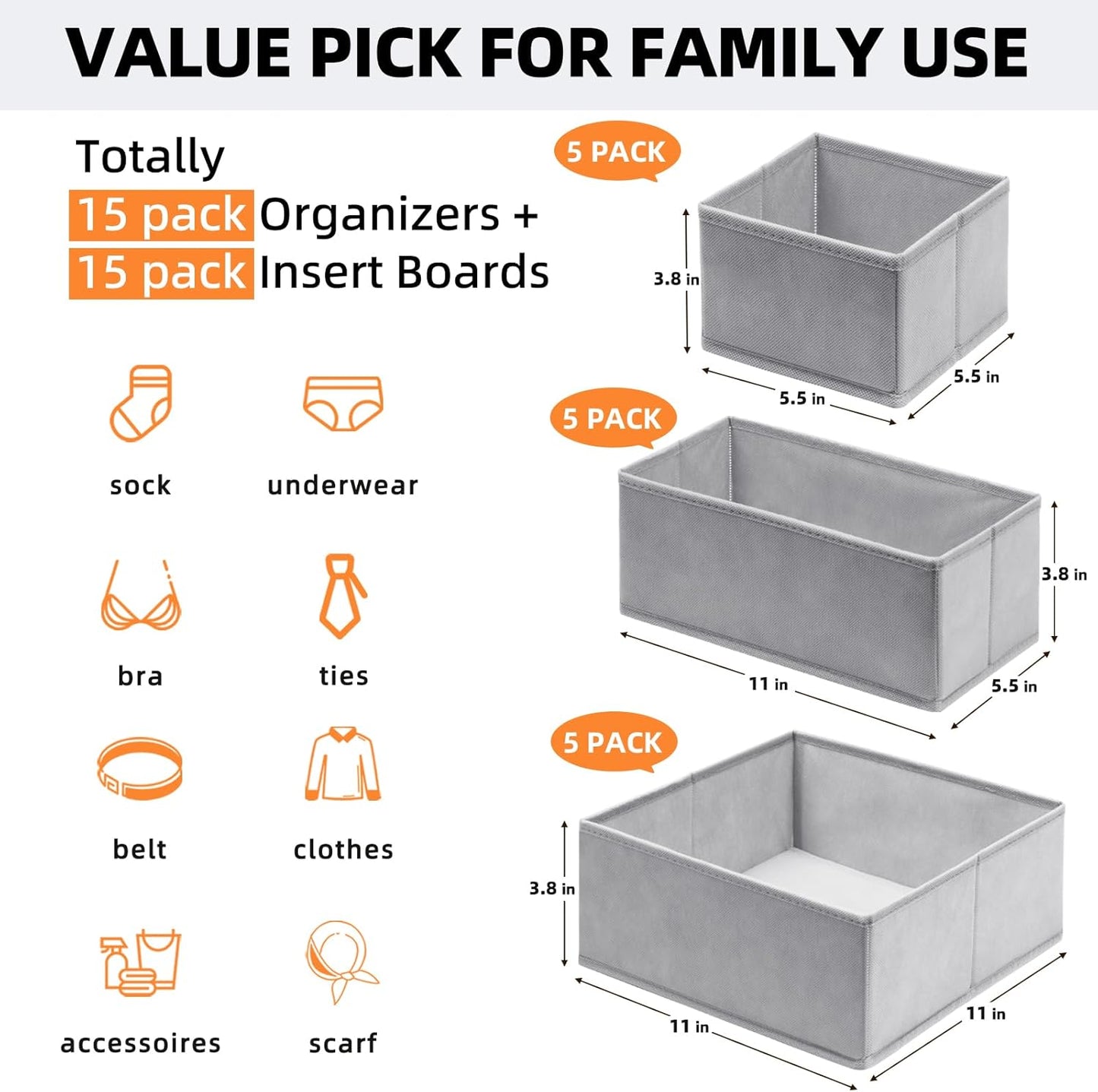Fabric Drawer Organizers 15 Pack Foldable Storage Bins (Grey)