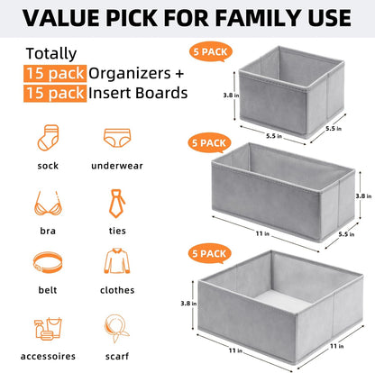 Fabric Drawer Organizers 15 Pack Foldable Storage Bins (Grey)