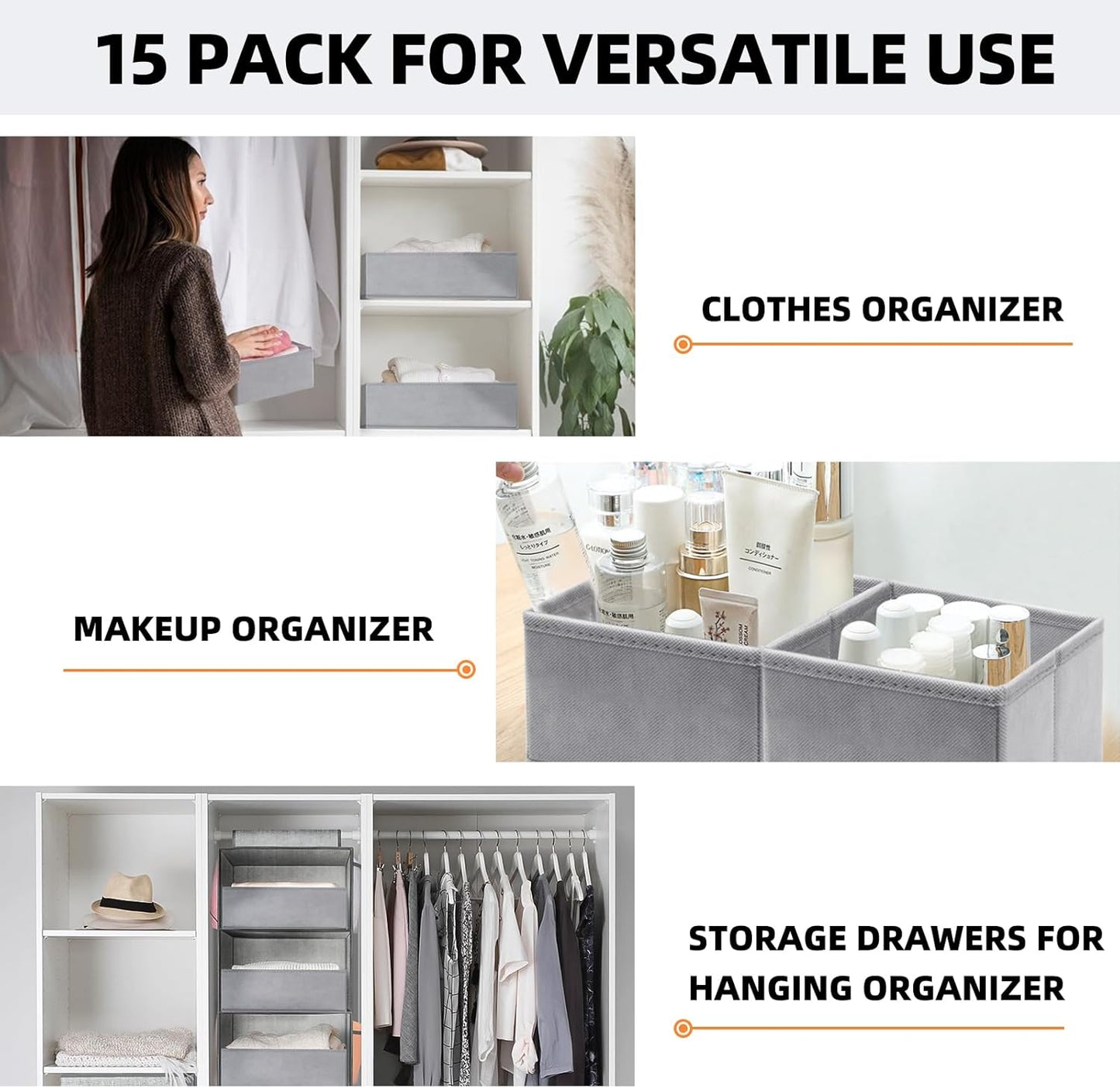 Fabric Drawer Organizers 15 Pack Foldable Storage Bins (Grey)