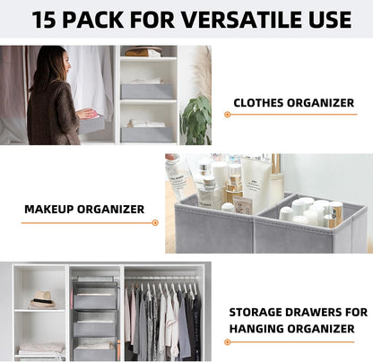 Fabric Drawer Organizers 15 Pack Foldable Storage Bins (Grey)
