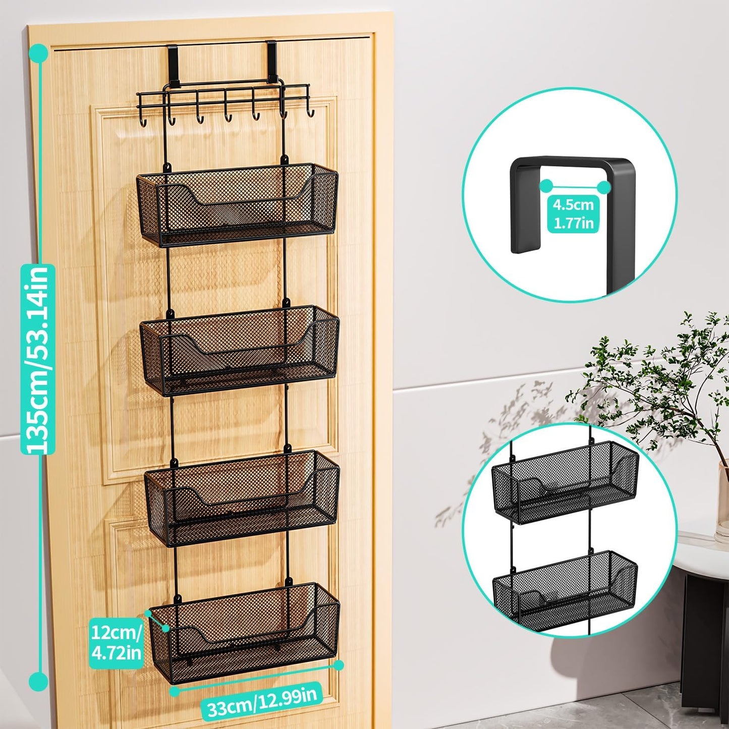 Over-the-Door Hanging Organizer with 4 Baskets & Adjustable Hooks