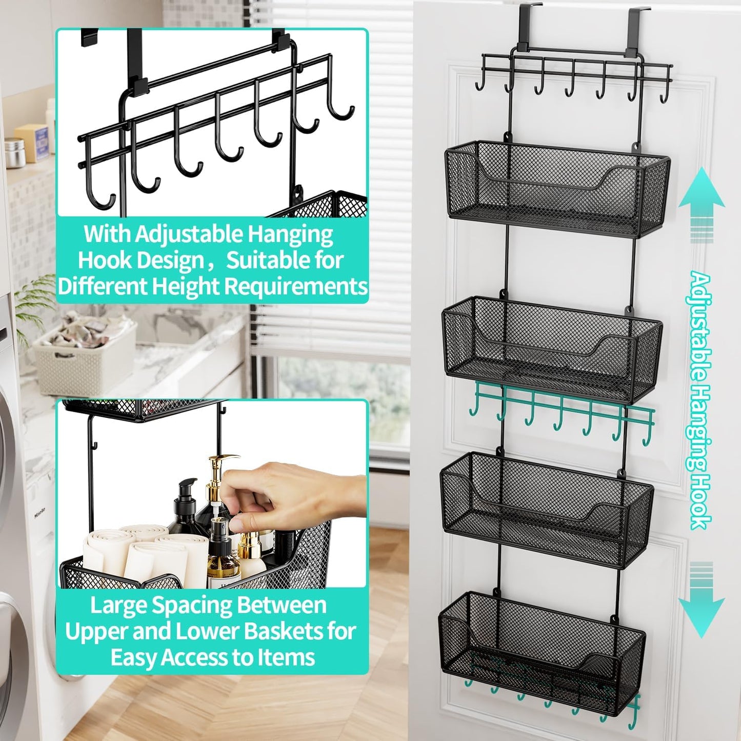 Over-the-Door Hanging Organizer with 4 Baskets & Adjustable Hooks