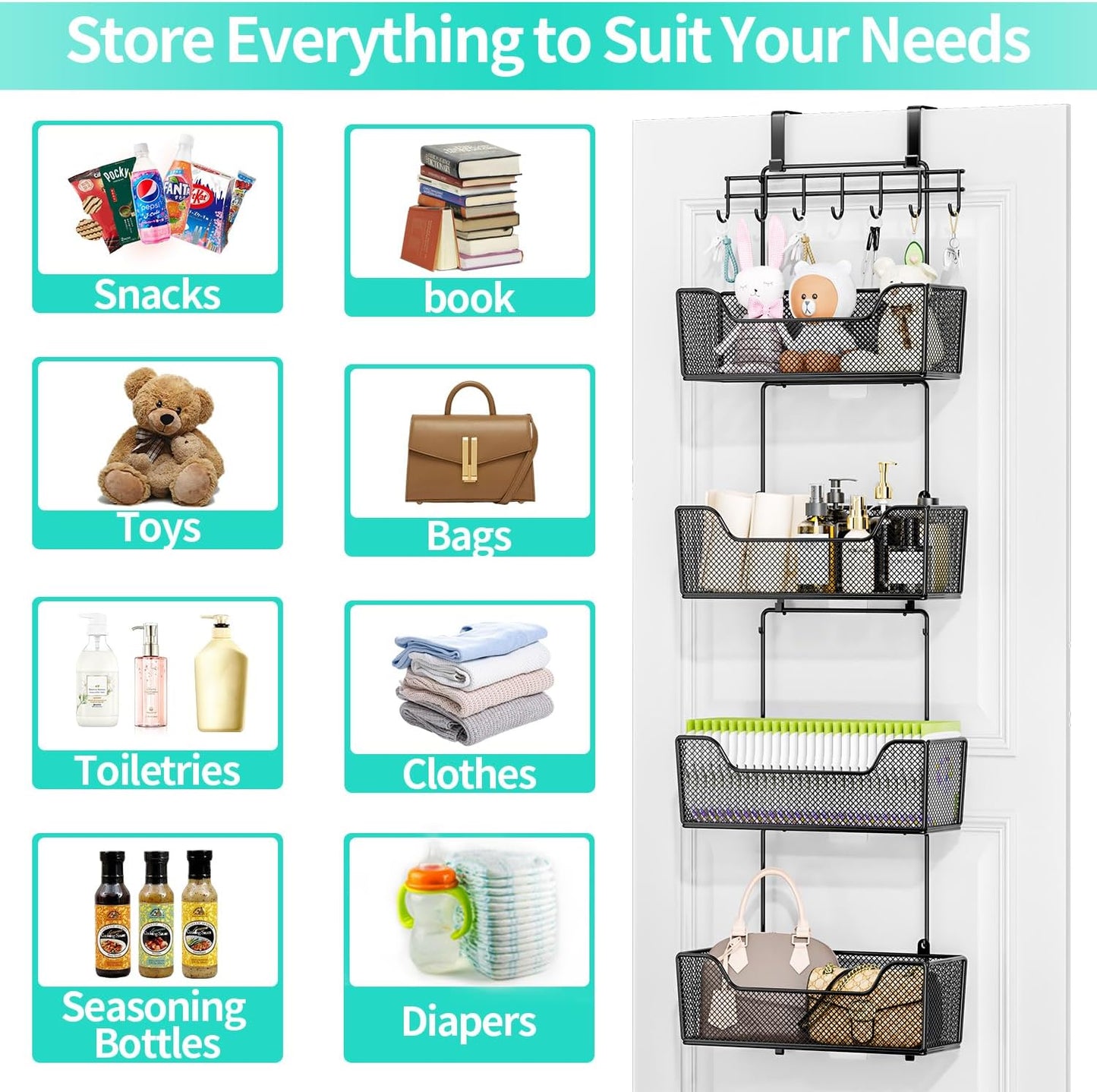 Over-the-Door Hanging Organizer with 4 Baskets & Adjustable Hooks